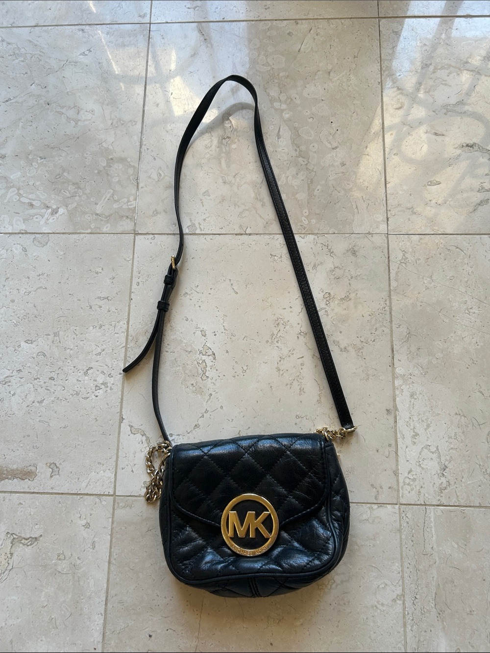 Michael Kors Black Quilted Leather Mini Crossbody with Gold MK Emblem